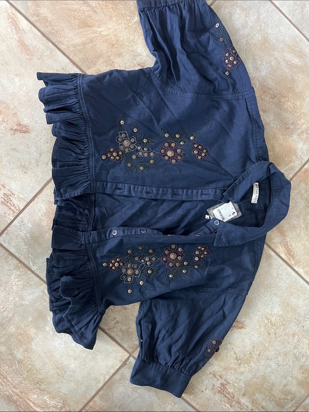 We The Free Navy Embroidered Ruffle-Hem Jean Jacket